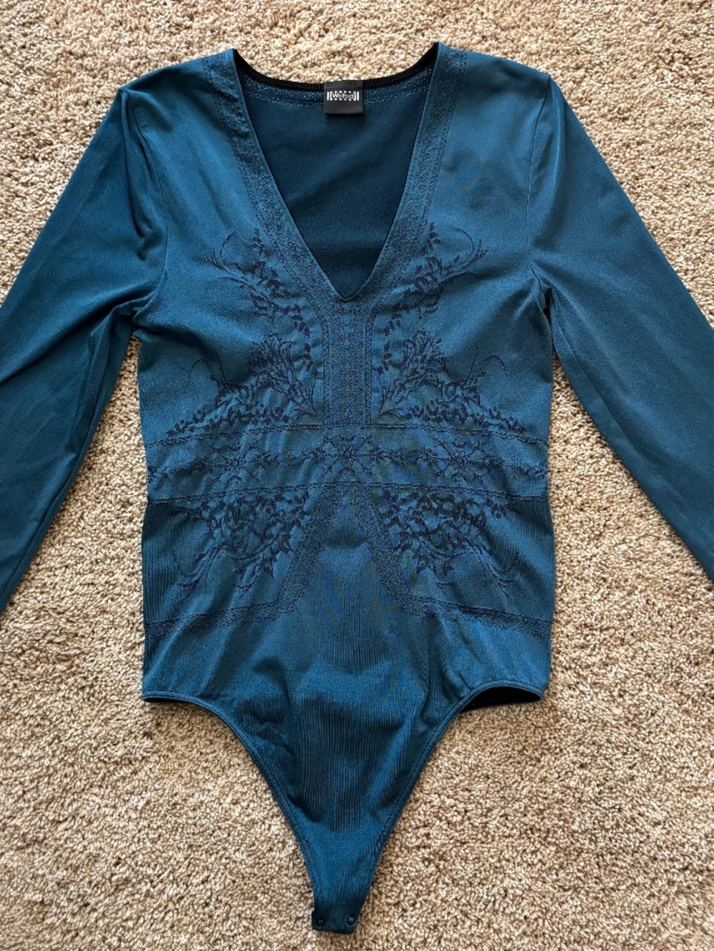 BRAND NEW Wolford Jacquard Teal Blue Half Sleeve Thong BODYSUIT Medium